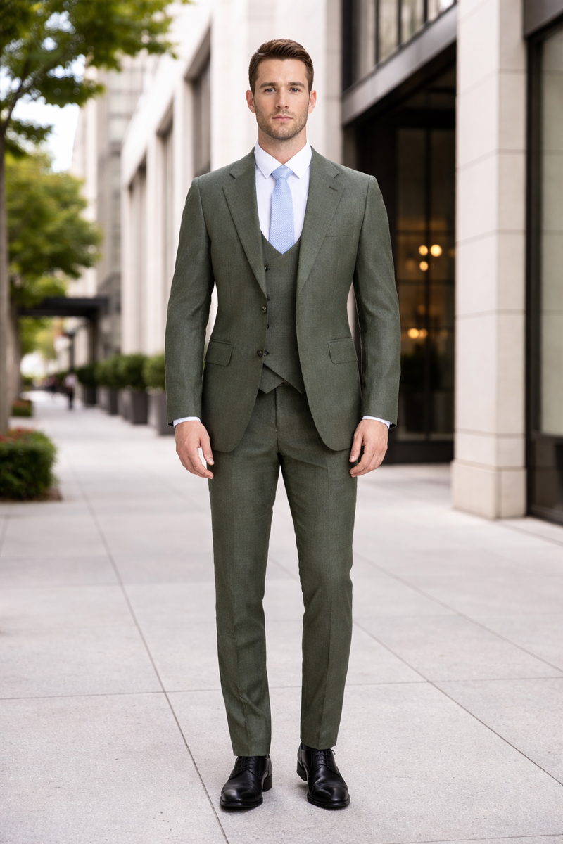 Mens Stacy Adams Suit - Stacy Adams Suit Men's Sharkskin Suit - Olive Green, Two Button Vested Design