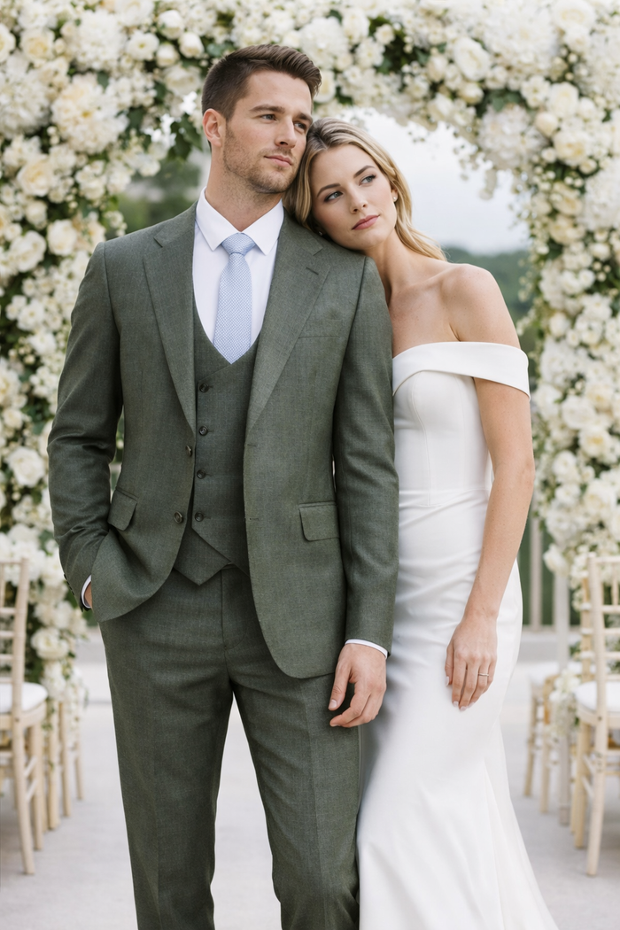 Mens Stacy Adams Suit - Stacy Adams Suit Men's Sharkskin Suit - Olive Green, Two Button Vested Design