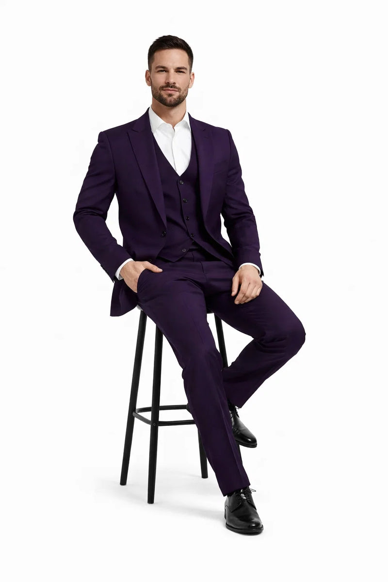 Mens Stacy Adams Suits - Designer Suit - 3 Piece Suit - Vested Suit - Flat Front Pant- Modern Fit Suits Eggplant Suit