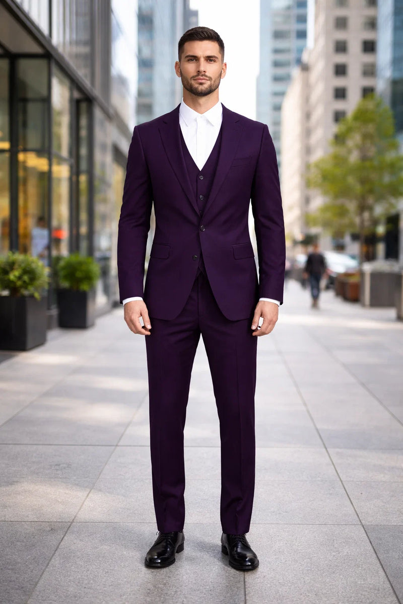 Mens Stacy Adams Suits - Designer Suit - 3 Piece Suit - Vested Suit - Flat Front Pant- Modern Fit Suits Eggplant Suit