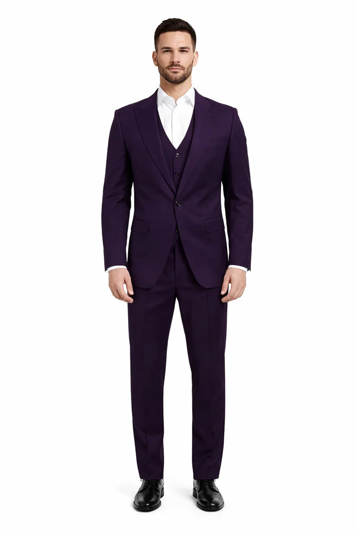 Mens Stacy Adams Suits - Designer Suit - 3 Piece Suit - Vested Suit - Flat Front Pant- Modern Fit Suits Eggplant Suit