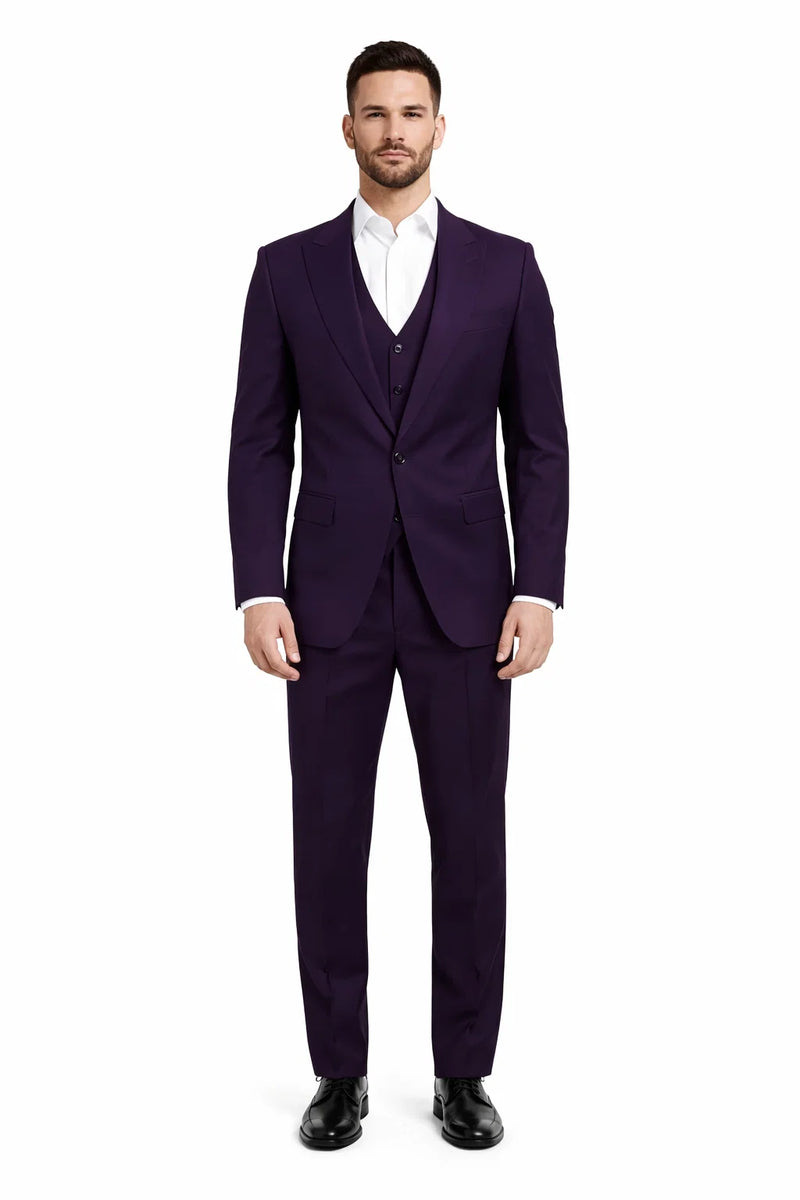 Mens Stacy Adams Suits - Designer Suit - 3 Piece Suit - Vested Suit - Flat Front Pant- Modern Fit Suits Eggplant Suit