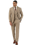 Tan wedding suit with patterned fabric. Three-piece design: jacket, vest, & trousers. Jacket: structured, two pockets. Vest: three buttons, notch lapel. Trousers: straight leg. Subtle sharkskin texture.
