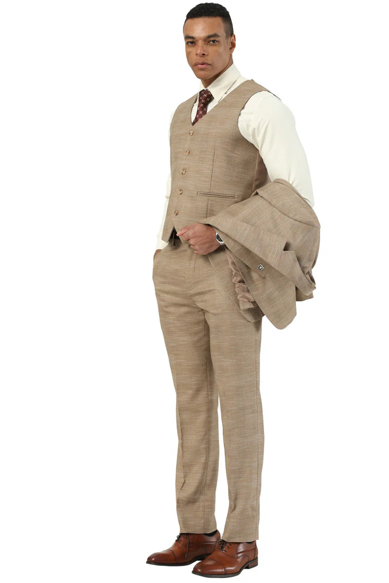 Tan sharkskin suit: waistcoat (5 buttons) and jacket. Fitted trousers. Textured material. White dress shirt visible beneath the vest completes the formal look.