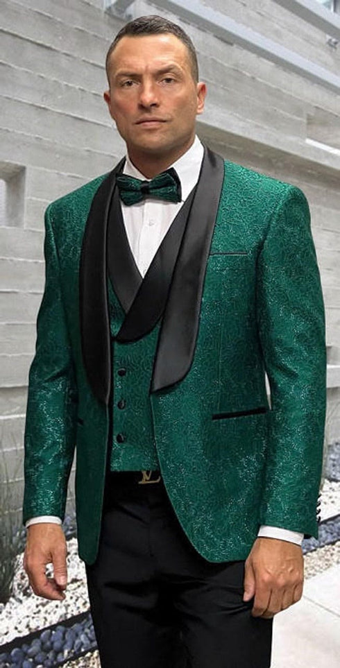 Men's Stylish Hunter Green Textured Pattern Modern Fit Casino Tux DB Vest Statement Grammy