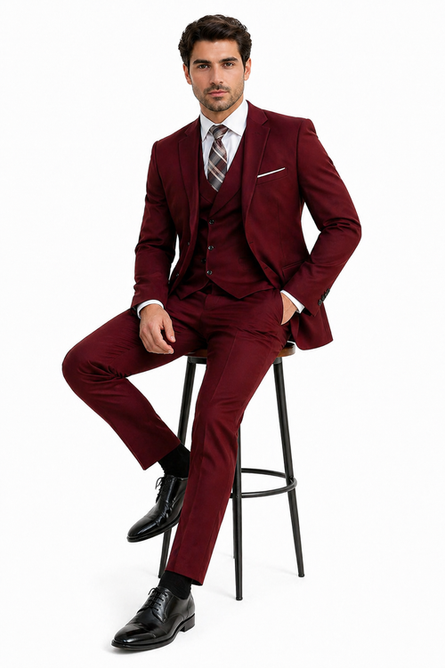 Men's Suit Ticket Pocket 3 Pocket Mehroon Suit With Double Breasted Vest 100% Wool