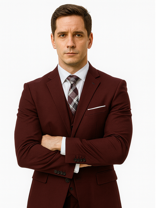 Men's Suit Ticket Pocket 3 Pocket Mehroon Suit With Double Breasted Vest 100% Wool