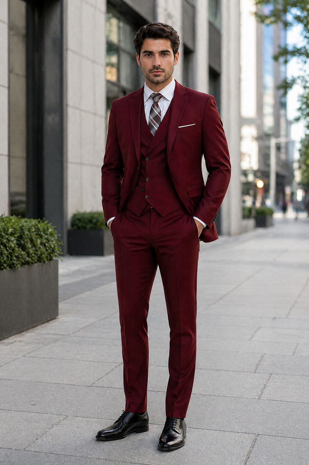 Men's Suit Ticket Pocket 3 Pocket Mehroon Suit With Double Breasted Vest 100% Wool