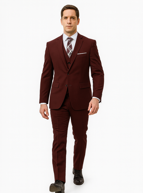 Men's Suit Ticket Pocket 3 Pocket Mehroon Suit With Double Breasted Vest 100% Wool