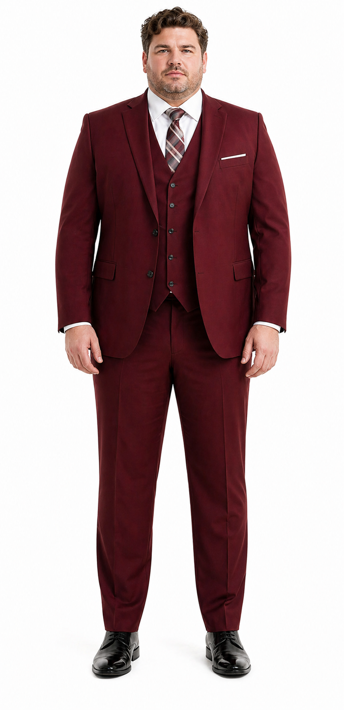 Men's Suit Ticket Pocket 3 Pocket Mehroon Suit With Double Breasted Vest 100% Wool