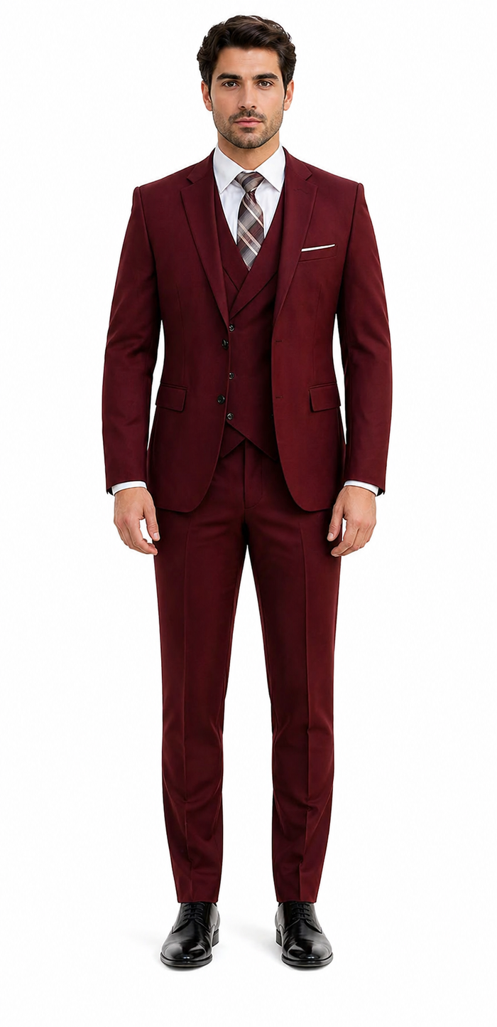 Men's Suit Ticket Pocket 3 Pocket Mehroon Suit With Double Breasted Vest 100% Wool