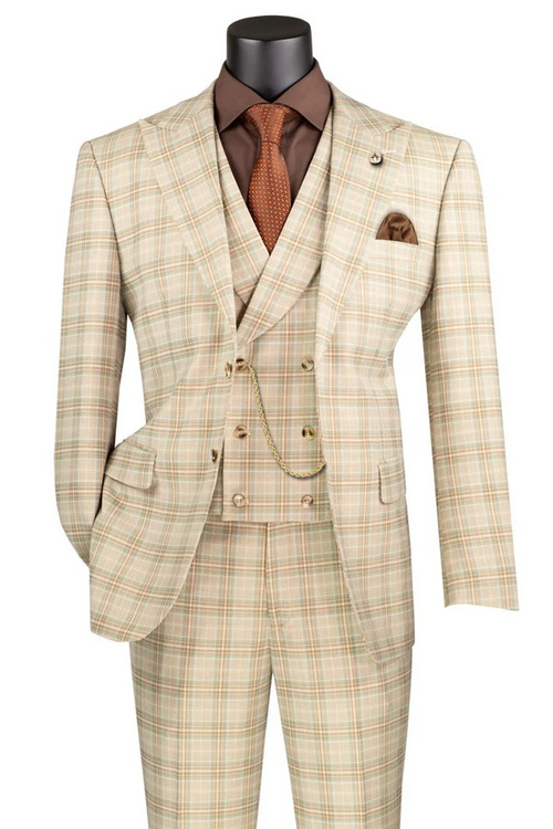 Light beige Marc Darcy wedding suit with summer windowpane plaid. Includes double-breasted jacket, vest (chain detail), trousers. Lightweight, breathable fabric. Pocket square. Subtle orange/green hues.
