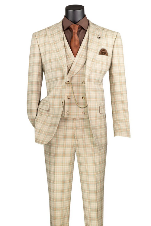 Marc Darcy wedding suit: Light beige windowpane plaid with orange/green accents. Tailored blazer, double-breasted vest, matching trousers. Includes brown shirt, patterned tie, pocket square. Structured fit, sharp lapels, relaxed silhouette.
