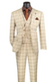 Marc Darcy wedding suit: Light beige windowpane plaid with orange/green accents. Tailored blazer, double-breasted vest, matching trousers. Includes brown shirt, patterned tie, pocket square. Structured fit, sharp lapels, relaxed silhouette.
