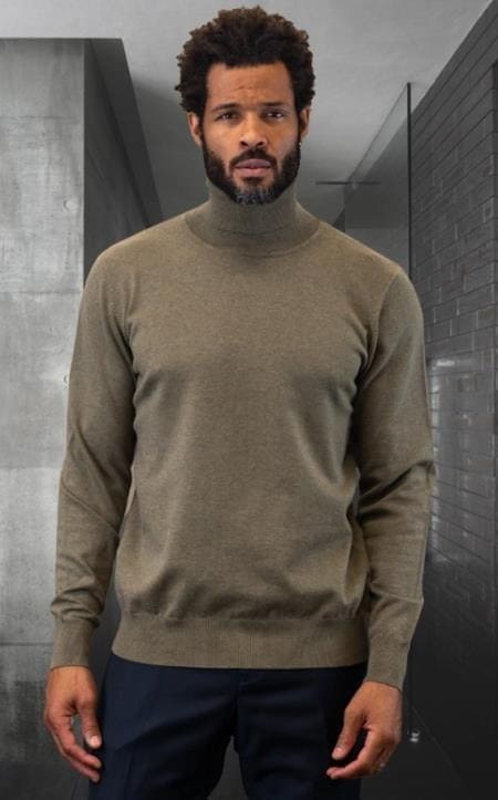 Mens Sweater Olive turtleneck - Wool And Cashmere Fabric