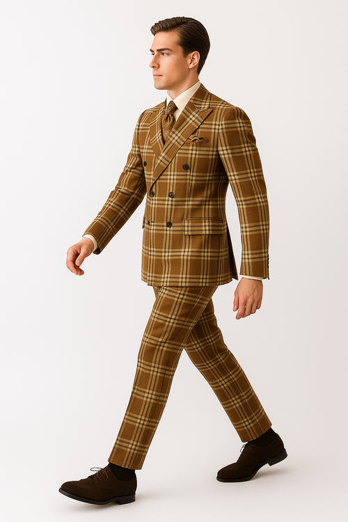 "Men's Double Breasted Wool Suit, Three Quarter Length, Tan & Brown Windowpane Plaid"