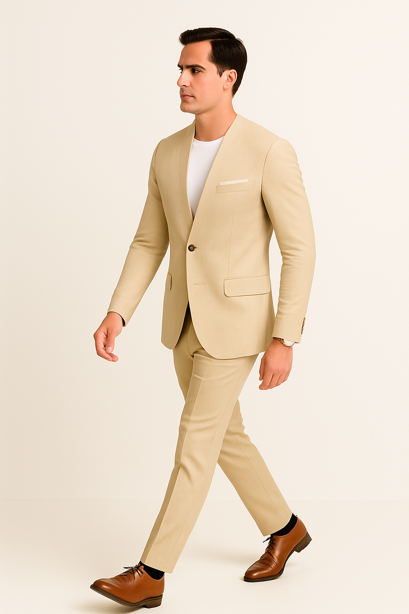 Tan linen suit: collarless blazer with single button and pockets, paired with straight-leg pants. Tailored fit, light tan color, perfect for summer.
