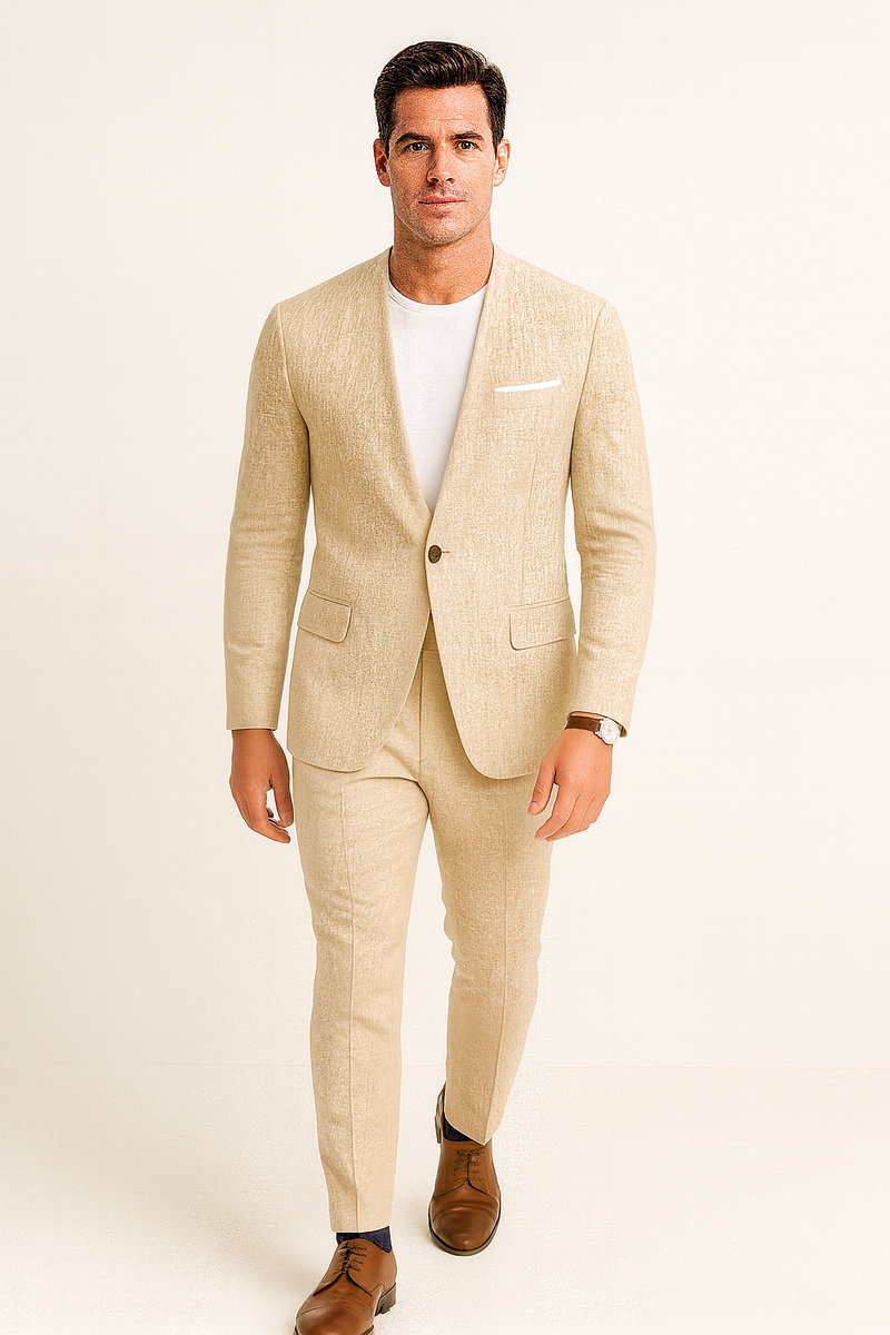 Textured tan linen suit. Collarless blazer with single button and side pockets, paired with matching pants. Minimalist design.
