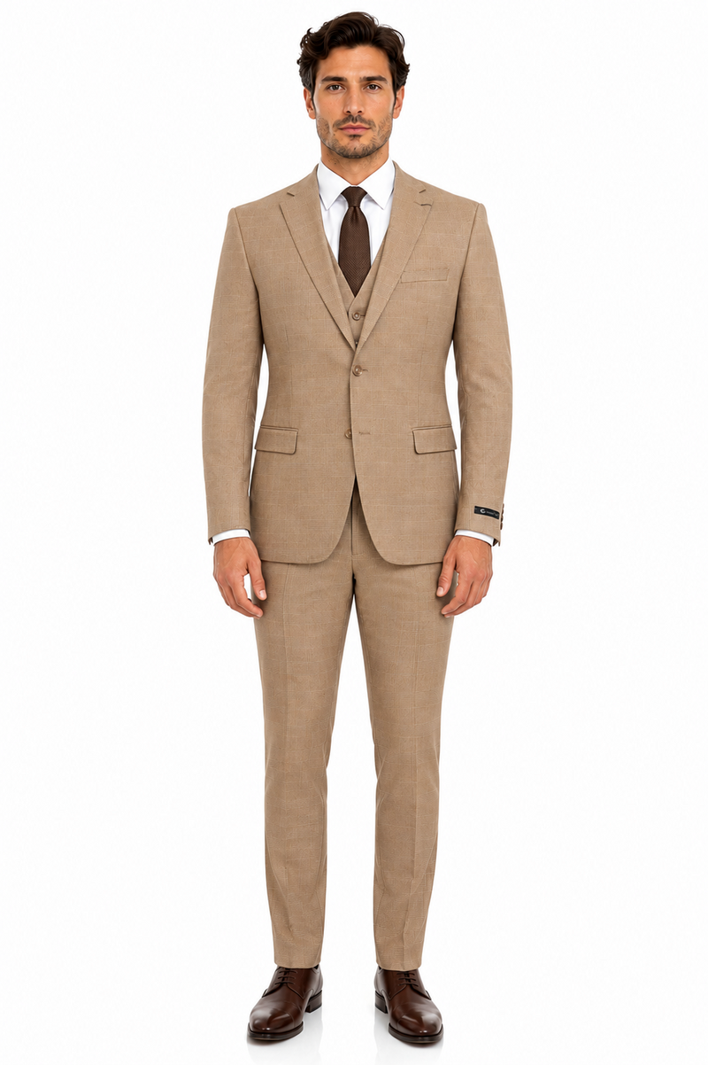 Men’s Tan Plaid 3-Piece Tailored Fit Suit with Vest