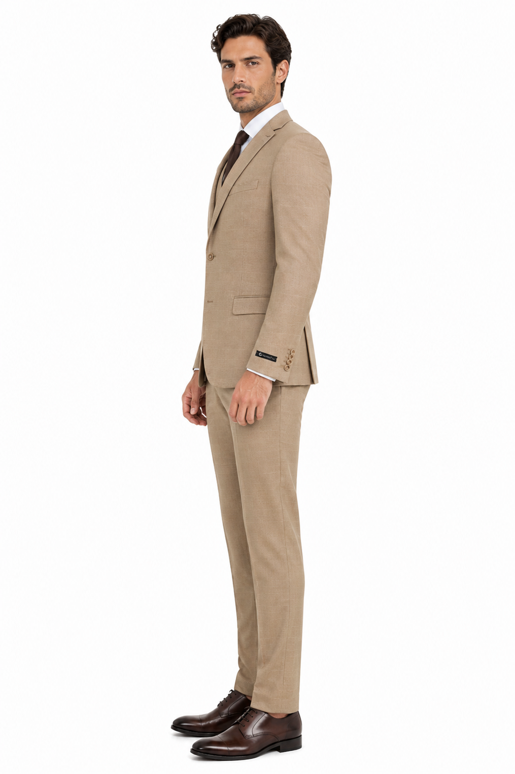 Men’s Tan Plaid 3-Piece Tailored Fit Suit with Vest