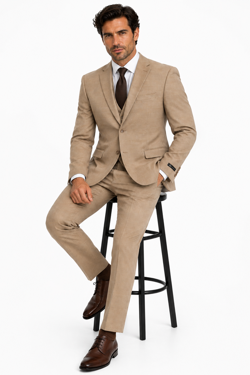 Men’s Tan Plaid 3-Piece Tailored Fit Suit with Vest