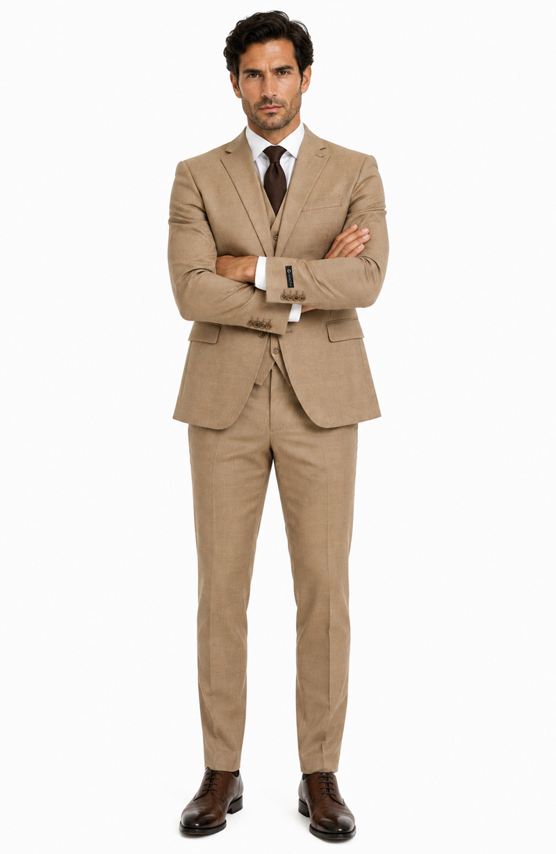 Men’s Tan Plaid 3-Piece Tailored Fit Suit with Vest
