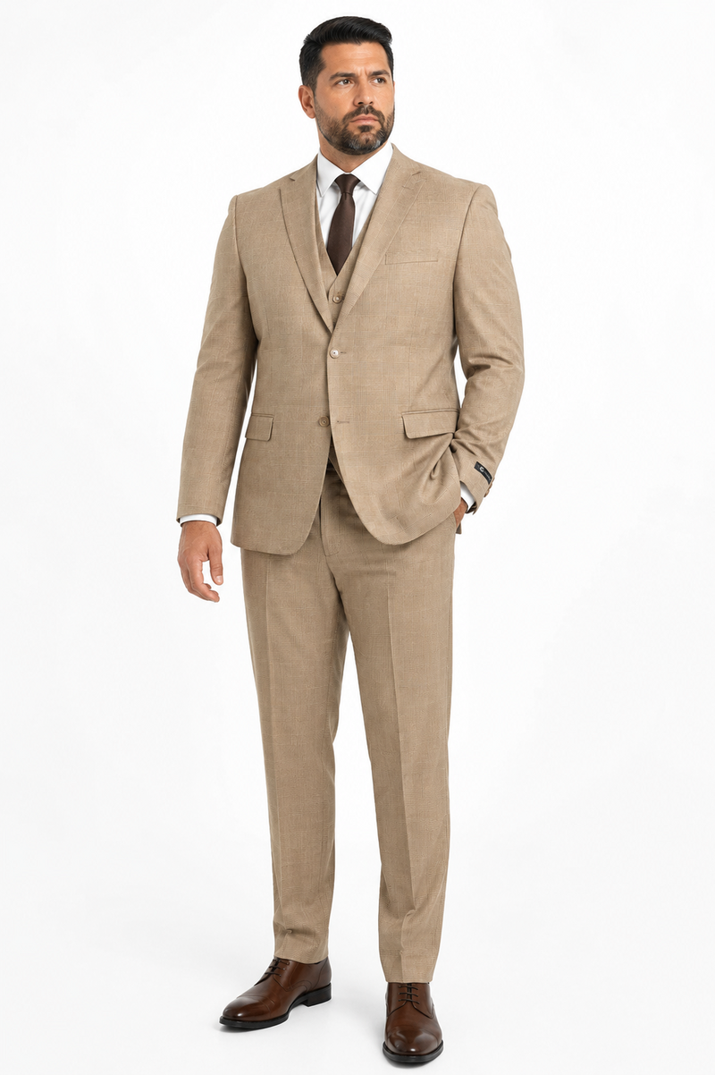Men’s Tan Plaid 3-Piece Tailored Fit Suit with Vest