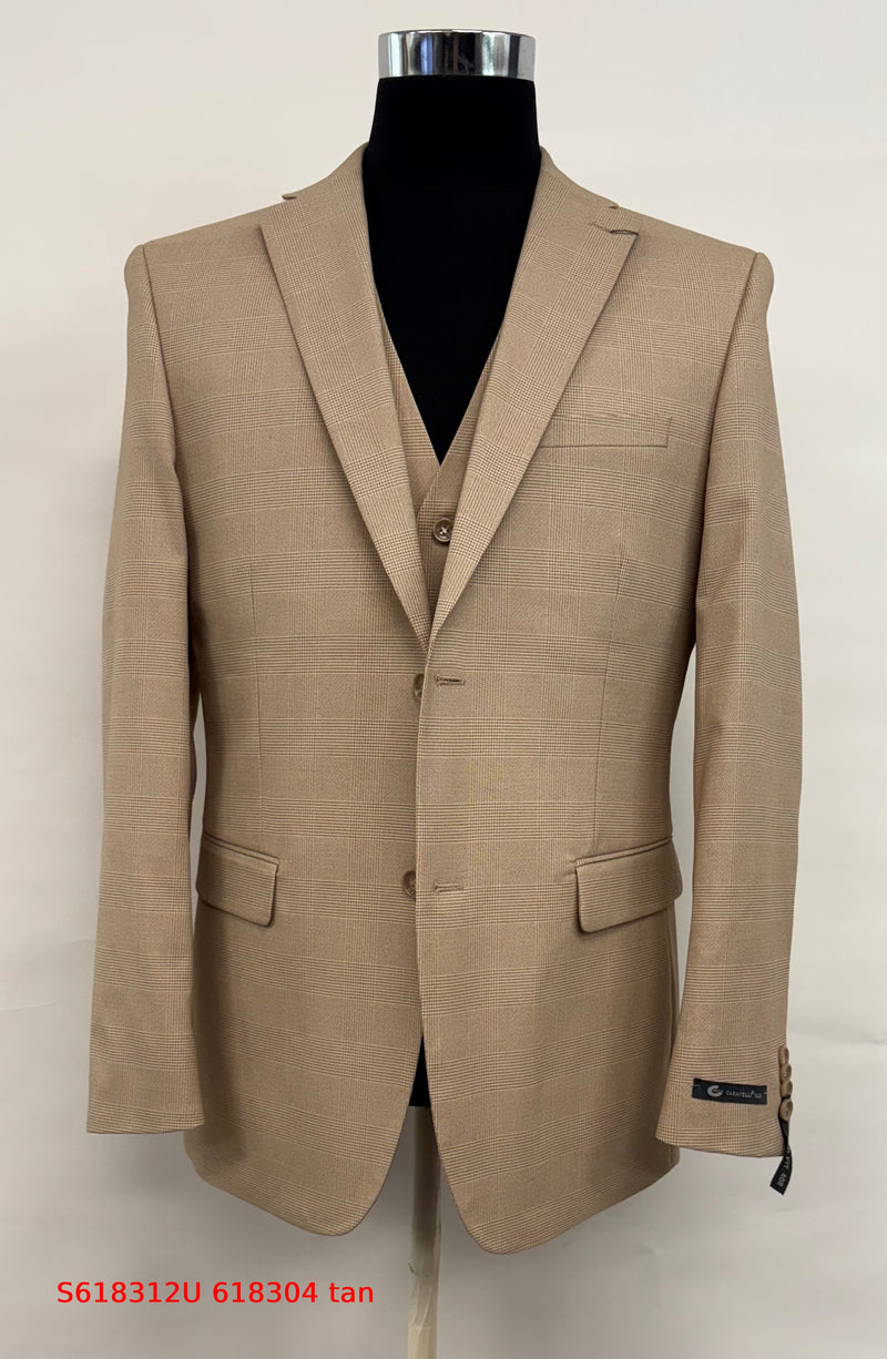 Men’s Tan Plaid 3-Piece Tailored Fit Suit with Vest