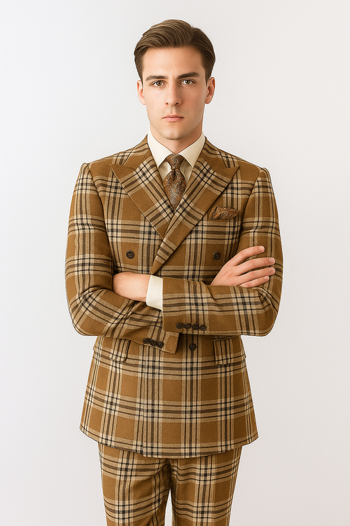 "Men's Double Breasted Wool Suit, Three Quarter Length, Tan & Brown Windowpane Plaid"