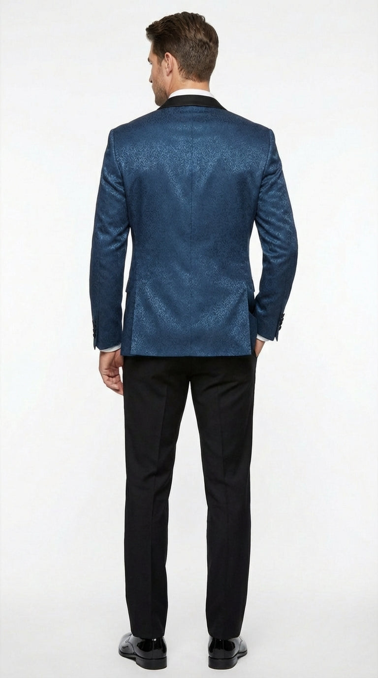 Mens Teal Blue Jacquard Paisley Blazer – Black Peak Lapel Formal Dinner Jacket Slim Fit