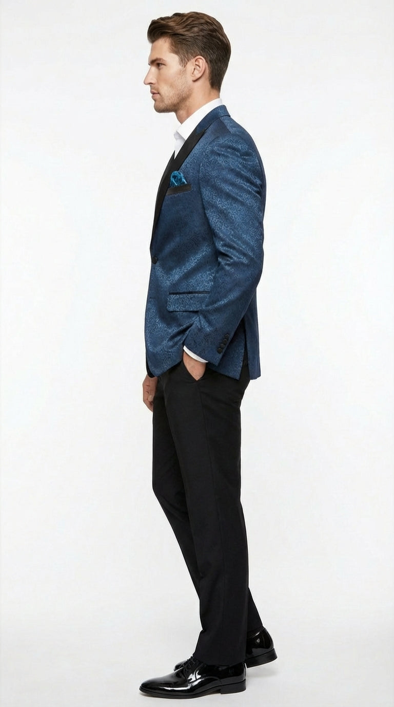 Mens Teal Blue Jacquard Paisley Blazer – Black Peak Lapel Formal Dinner Jacket Slim Fit