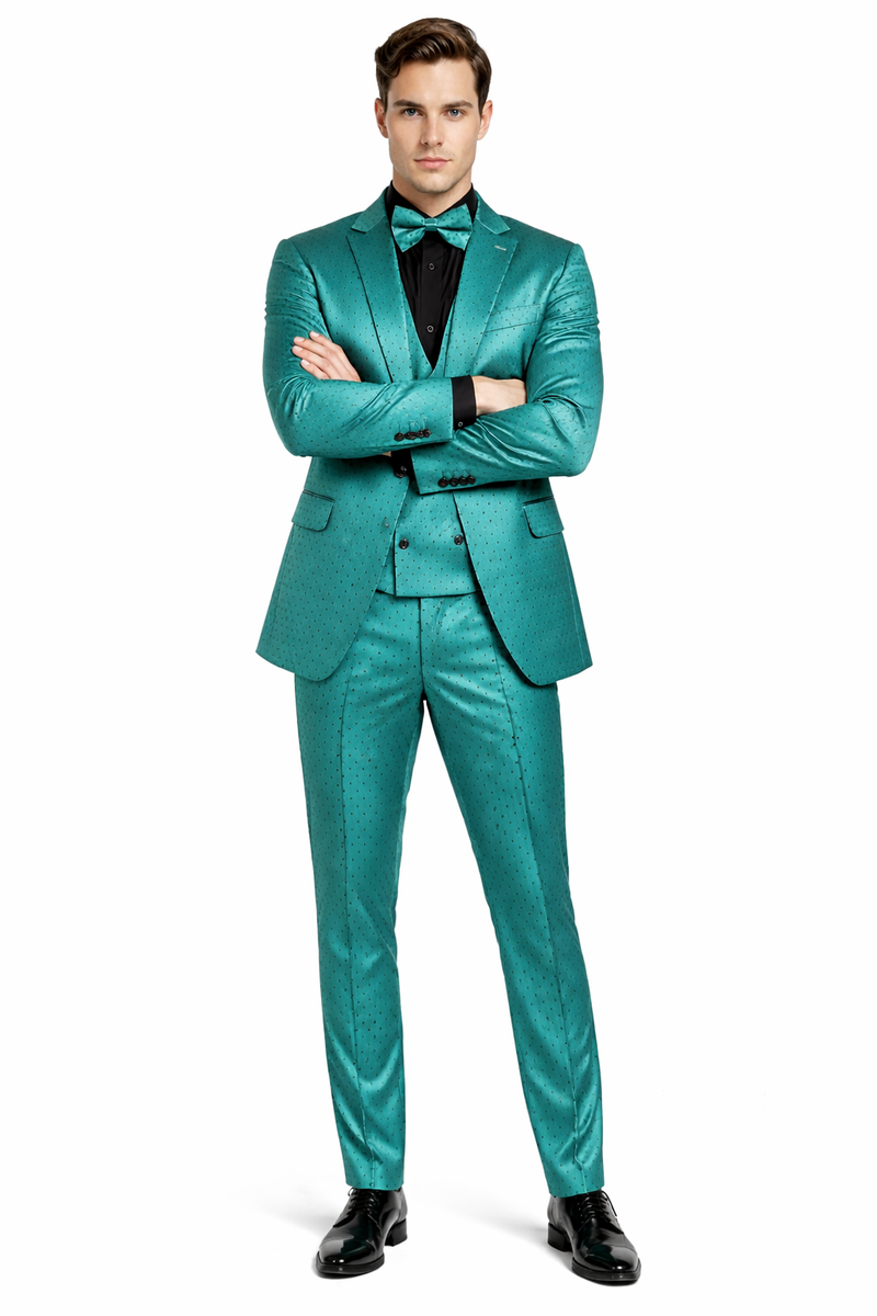 Men's Teal Green Polka Dot Tuxedo with Matching Vest and Bow Tie