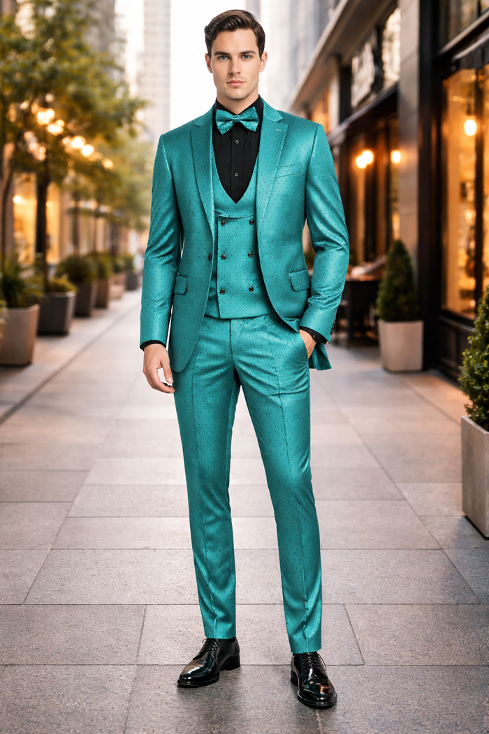 Men's Teal Green Polka Dot Tuxedo with Matching Vest and Bow Tie