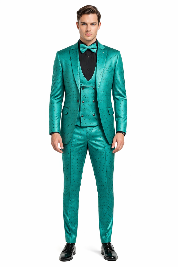 Men's Teal Green Polka Dot Tuxedo with Matching Vest and Bow Tie