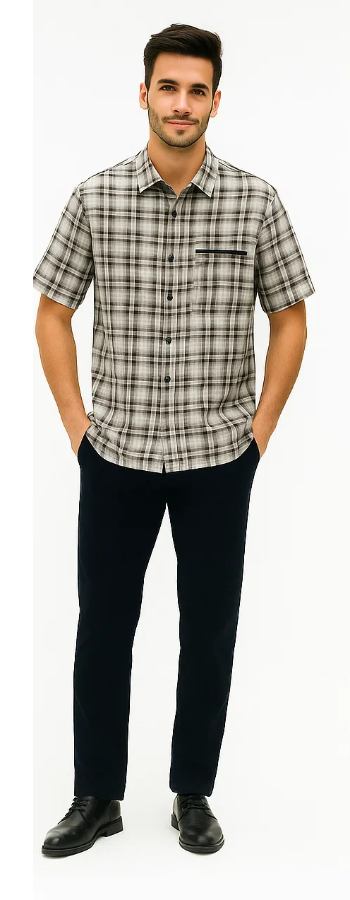 Men's textured plaid walking suit: Short-sleeved, collared black & white plaid shirt with front buttons & chest pocket. Paired with solid black, straight-leg trousers.
