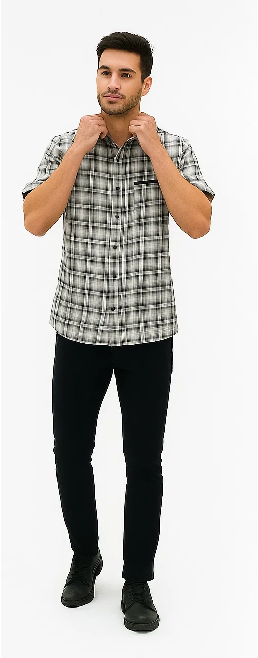 Men's black and white plaid walking suit. Includes a short-sleeve button-up shirt with textured check pattern and slim black trousers. Stylish and comfortable.
