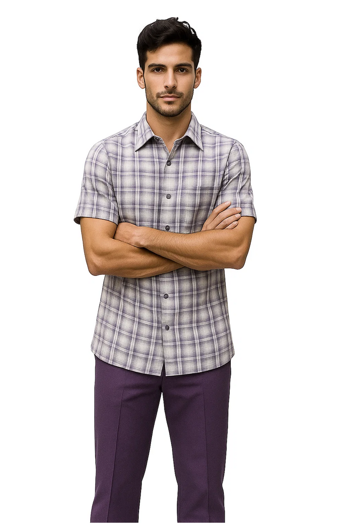 Men's textured plaid walking suit. Short-sleeve lavender & off-white plaid button-down shirt with structured collar. Solid lavender tailored trousers. Lightweight fabric, straight fit.
