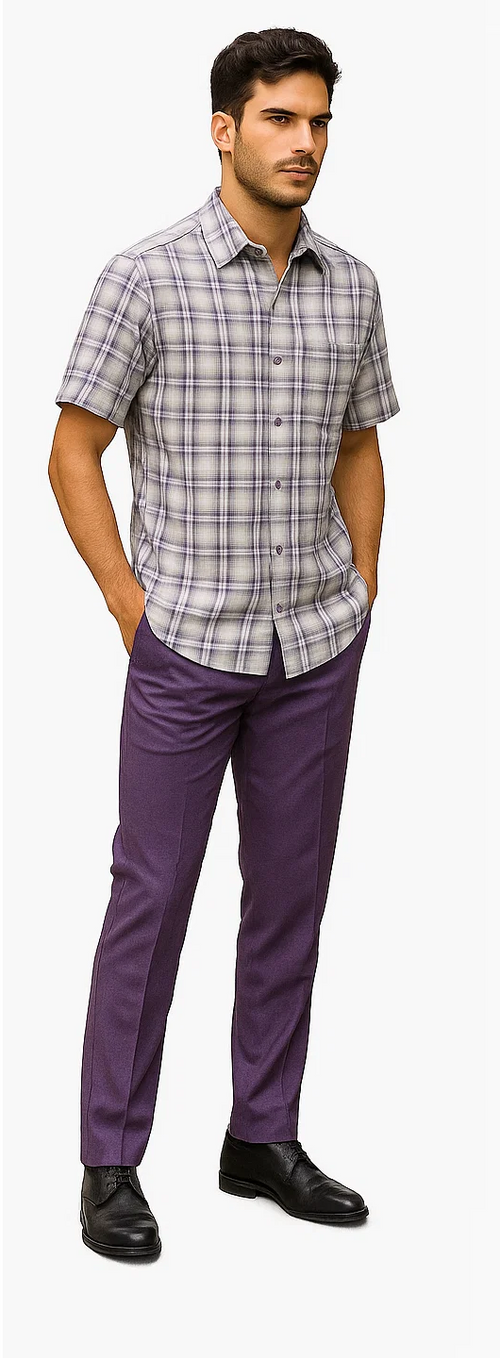 Men's walking suit: short-sleeve lavender & off-white plaid shirt with standard collar, buttons. Slim-fit lavender trousers. Coordinated, textured look.
