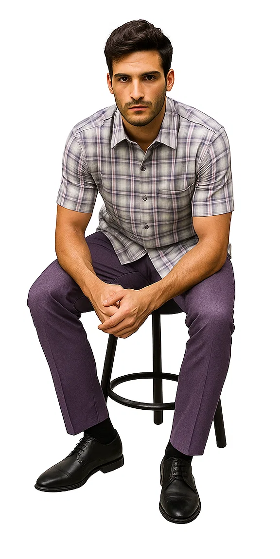 Men's textured plaid walking suit in lavender & off-white. Short-sleeved checkered shirt with pocket, slim-fit lavender pants, and black dress shoes.
