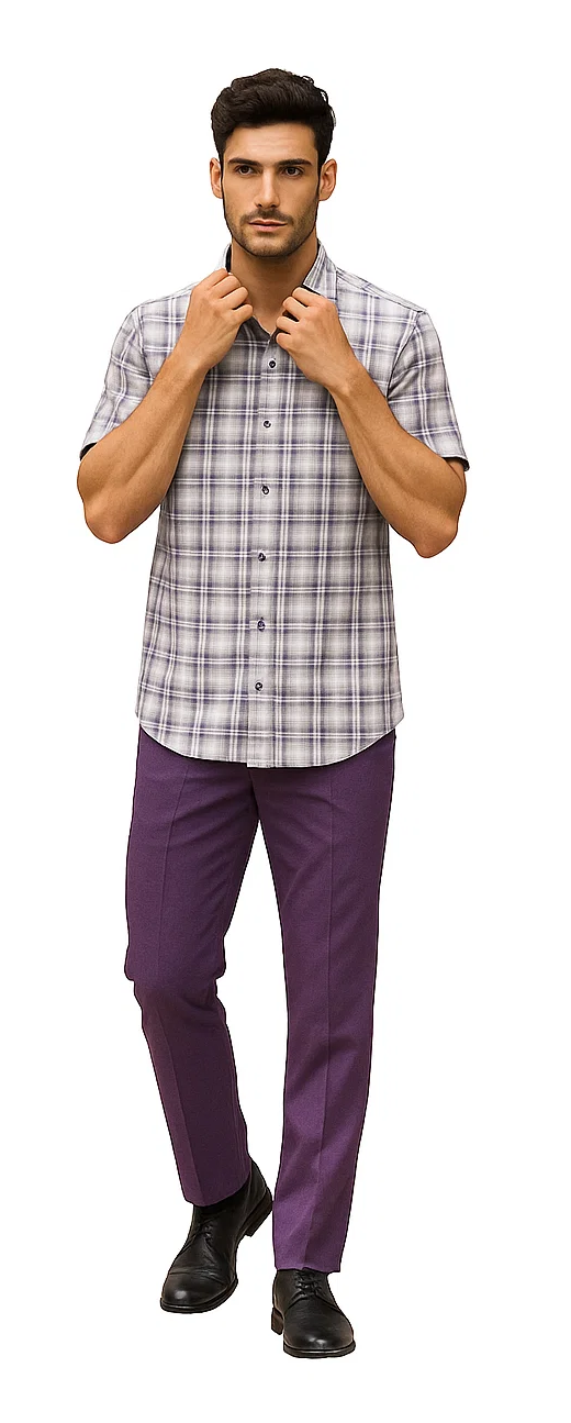 Men's textured plaid walking suit: short-sleeved lavender & off-white plaid shirt with buttons, paired with tailored, straight-cut purple pants.
