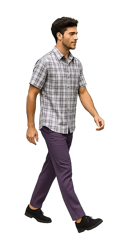 Men's textured plaid walking suit: short-sleeve lavender & off-white plaid shirt (button-down) and solid lavender, fitted, tapered pants. Lightweight, breathable fabric. Casual wear.
