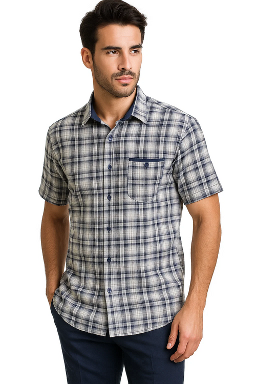 Men's textured plaid walking suit in navy/white. Short-sleeve button-up shirt with navy check on light background, pointed collar, chest pocket. Matching straight-leg trousers.
