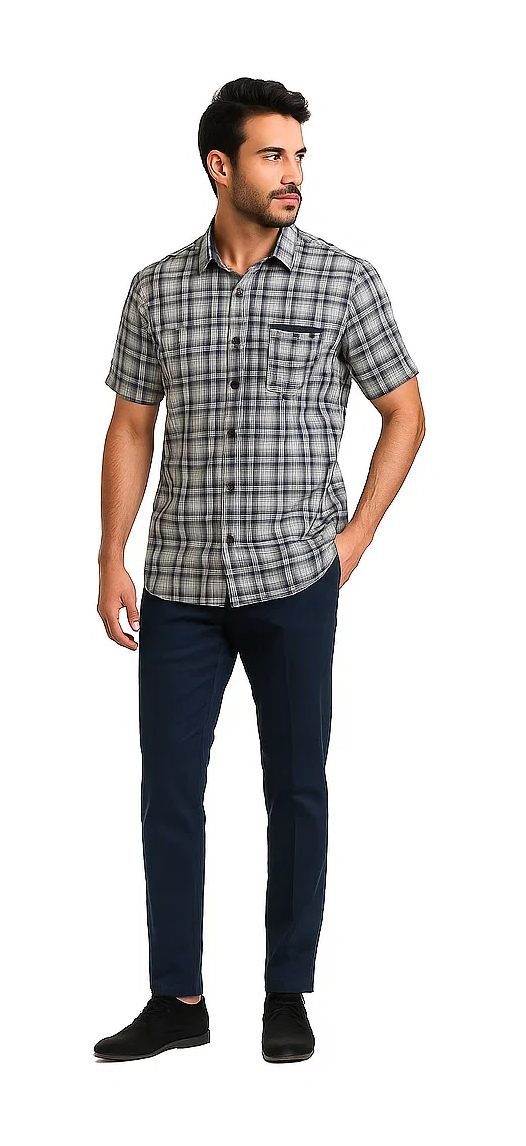 Men's textured plaid walking suit. Short-sleeve navy/white plaid shirt with buttoned front and chest pocket. Navy straight-leg trousers. Smooth material.
