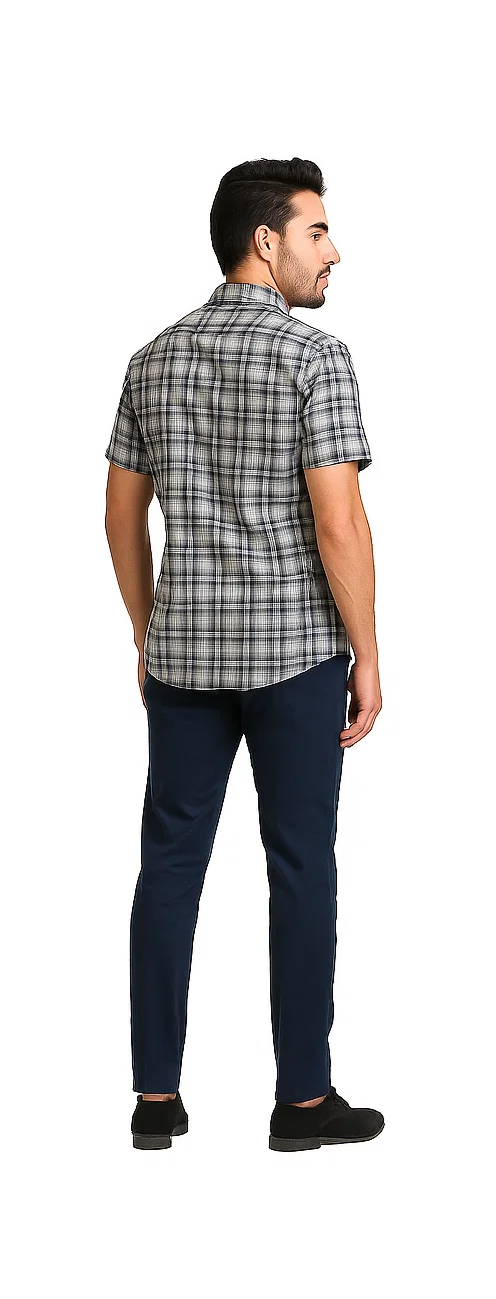 Navy & white men's textured plaid walking suit. Short-sleeved plaid shirt with button-down collar & curved hem. Smooth navy pants complete the set.
