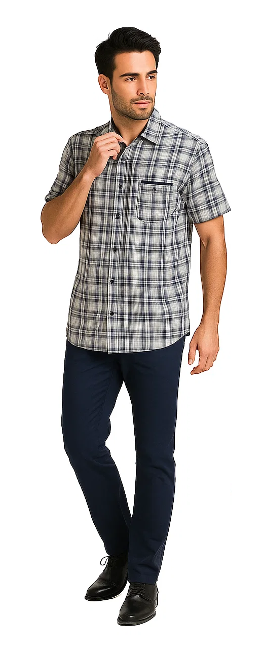 Men's textured plaid walking suit: short-sleeve, button-up shirt (navy & white check) with chest pocket, paired with navy trousers.
