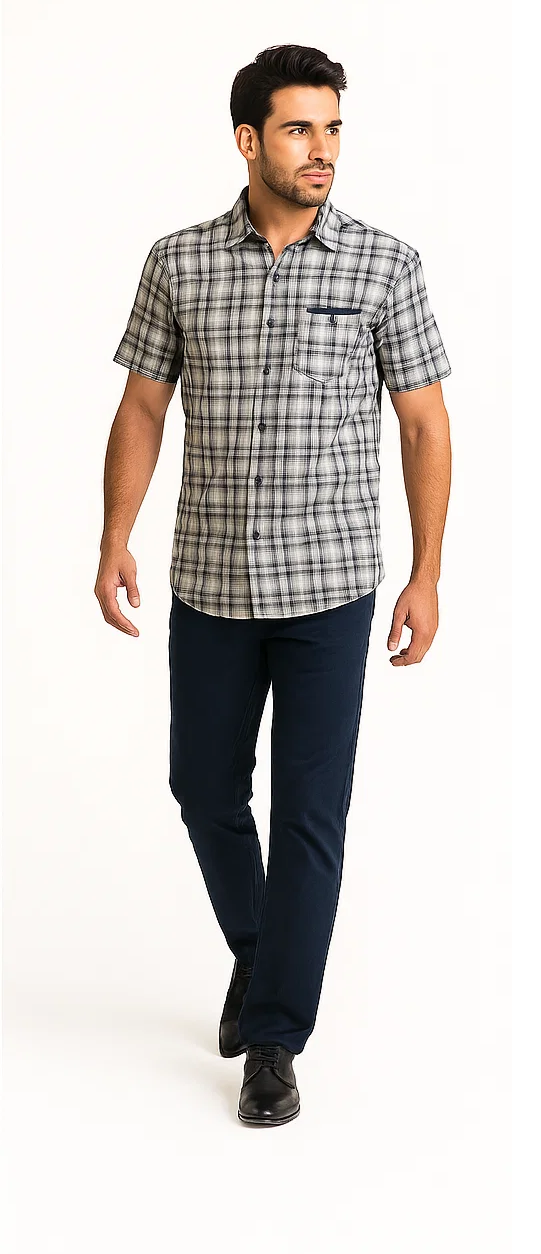 Men's textured plaid walking suit. Short-sleeve shirt with navy/white plaid, chest pocket, and button-down collar. Solid navy pants complete the set.
