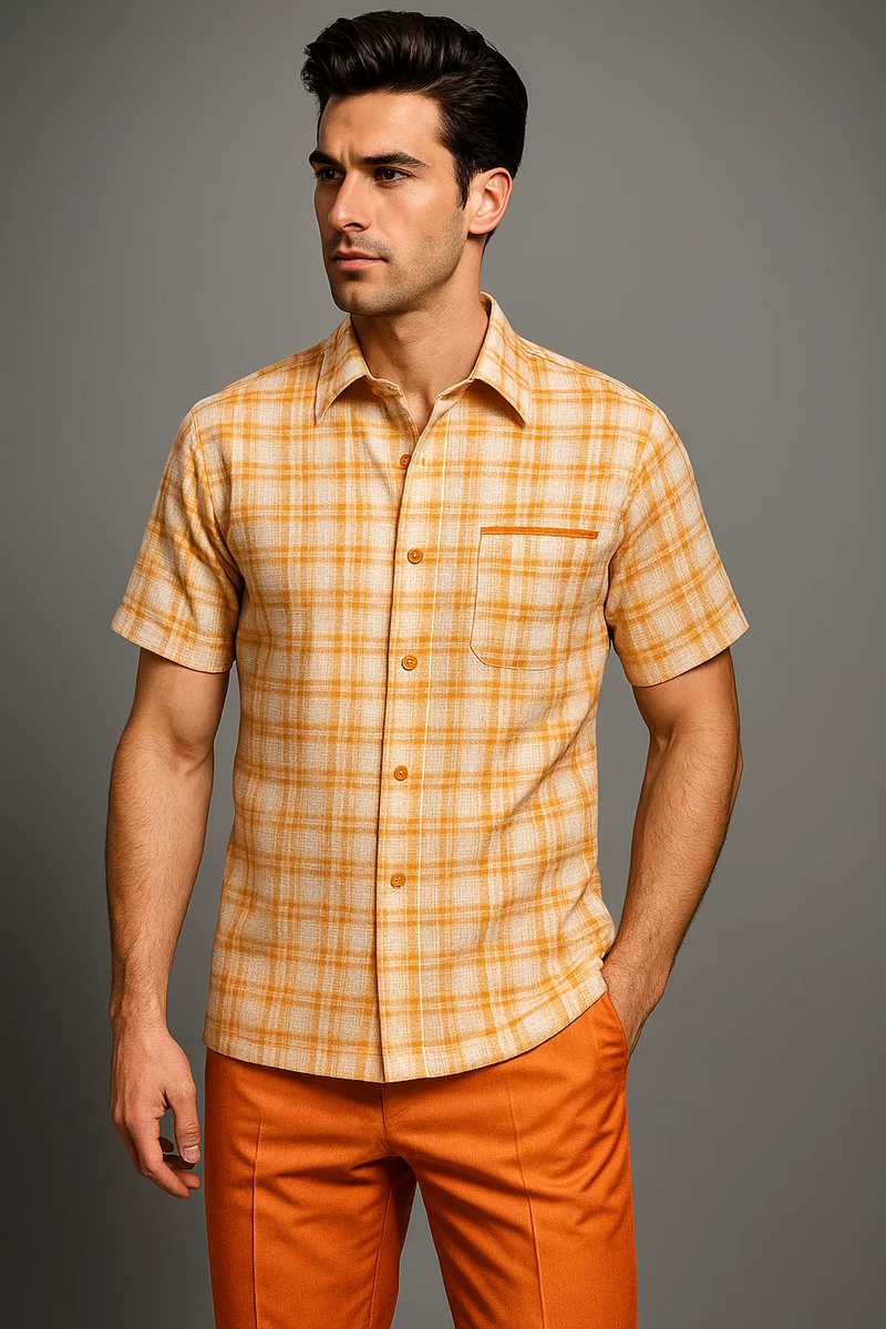 Men's walking suit with orange/cream plaid shirt (button-down, chest pocket, short sleeves) and straight-leg orange trousers.
