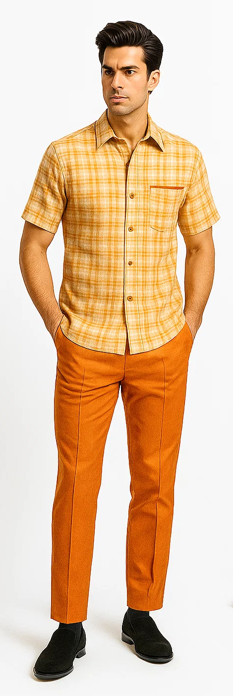 Men's textured plaid walking suit. Light orange & cream plaid short-sleeve shirt with chest pocket. Solid orange tapered trousers in smooth fabric, tailored fit.
