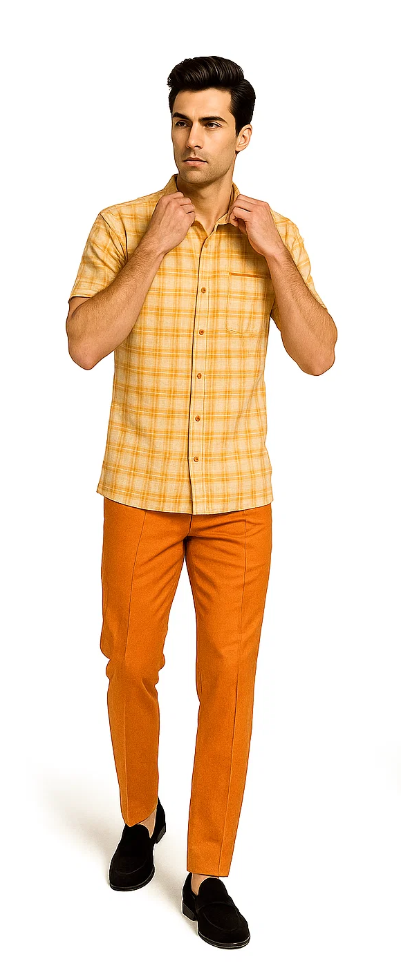 Men's orange cream plaid walking suit. Light yellow plaid short-sleeve shirt with button-down front & pocket. Slim fit orange trousers with a smooth texture.
