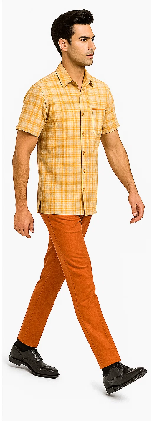 Men's walking suit: orange & cream plaid short-sleeved shirt with pocket & classic collar. Tapered orange trousers. Textured fabric for both pieces. Fitted, straight-legged pants.
